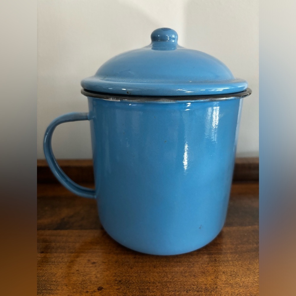 Vintage large enamelware mug with lid camping soup mug graniteware French blue